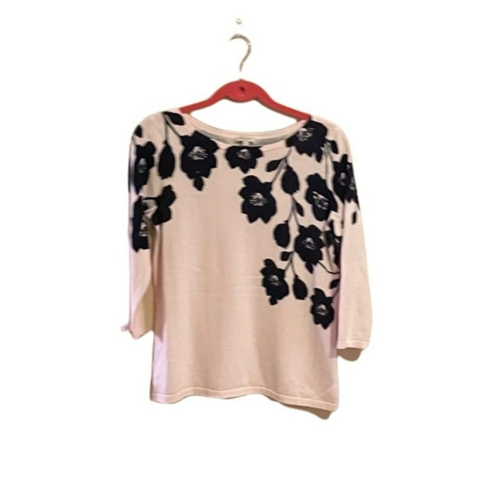 Talbots 3/4 Sleeve Pink With Navy Flowers Light Weight Sweater